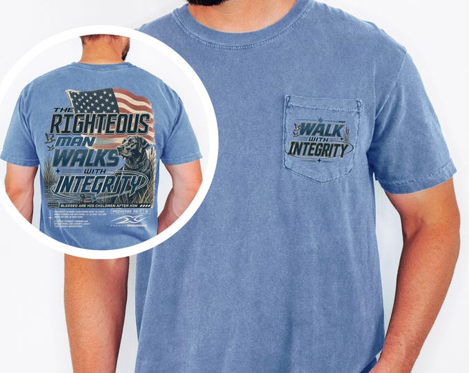 The Righteous Man Walks with Integrity Shirt, Proverbs 20:7 Christian Pocket Tee, American Flag Faith Shirt, Comfort Colors Men's Pocket Tee