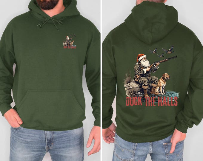 Duck the Halls Christmas Hoodie Santa Hunting Sweatshirt Duck Hunter Christmas Shirt Funny Outdoors Holiday Hoodie Hunting Gift