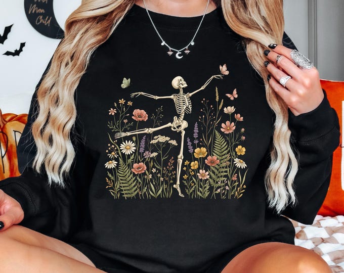 Dancing Skeleton Sweatshirt, Floral Skeleton Crewneck, Halloween Skeleton Sweatshirt, Wildflower Skeleton Pullover