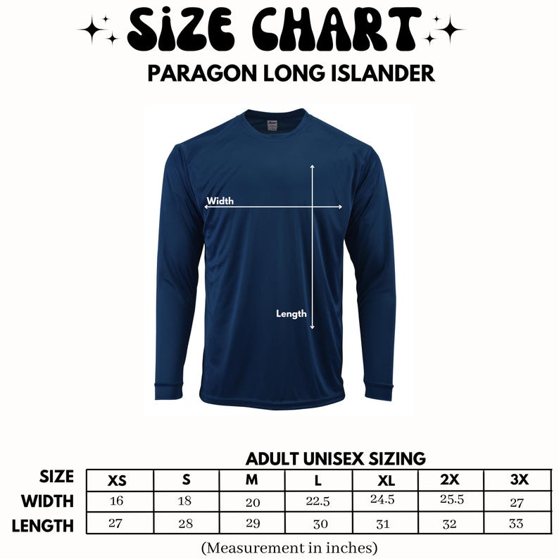May include: Navy blue long-sleeve shirt with a size chart. The text "SIZE CHART" and "PARAGON LONG ISLANDER" are at the top. The size chart shows measurements in inches for adult unisex sizing, including width and length for sizes XS to 3X.