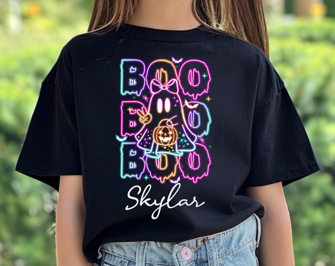 Girls Halloween Ghost Shirt: Custom Neon BOO Tee, Spooky Fall Outfit