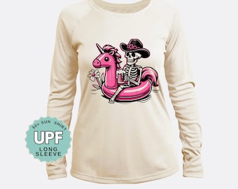 UPF 50+ Sun Shirt: Skeleton Cowboy Unicorn Graphic - Long Sleeve Outdoor Tee