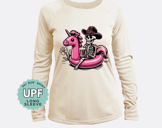 UPF 50+ Sun Shirt: Skeleton Cowboy Unicorn Graphic - Long Sleeve Outdoor Tee