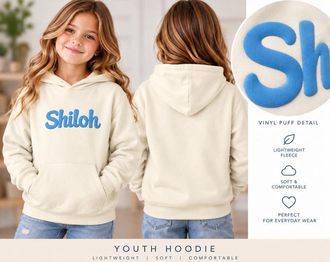 Custom Puff Print Kids Hoodie, Personalized Name Sweatshirt, Youth Lightweight Fleece Pullover