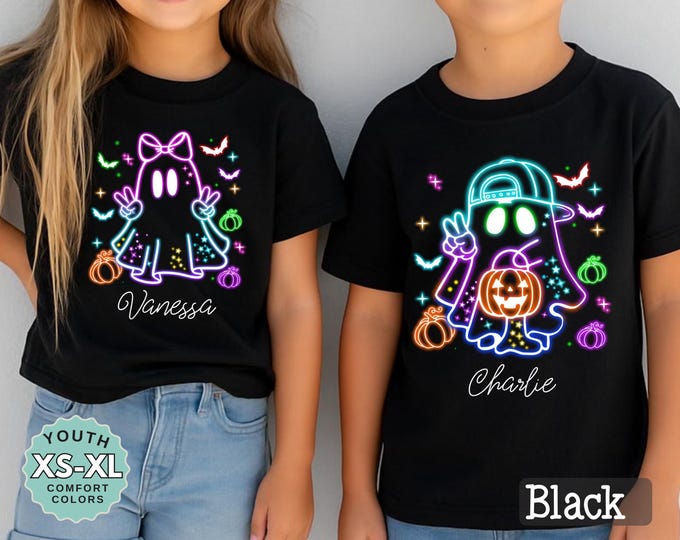 Personalized Neon Ghost Halloween Shirt: Custom Kids Trick-or-Treat Tee
