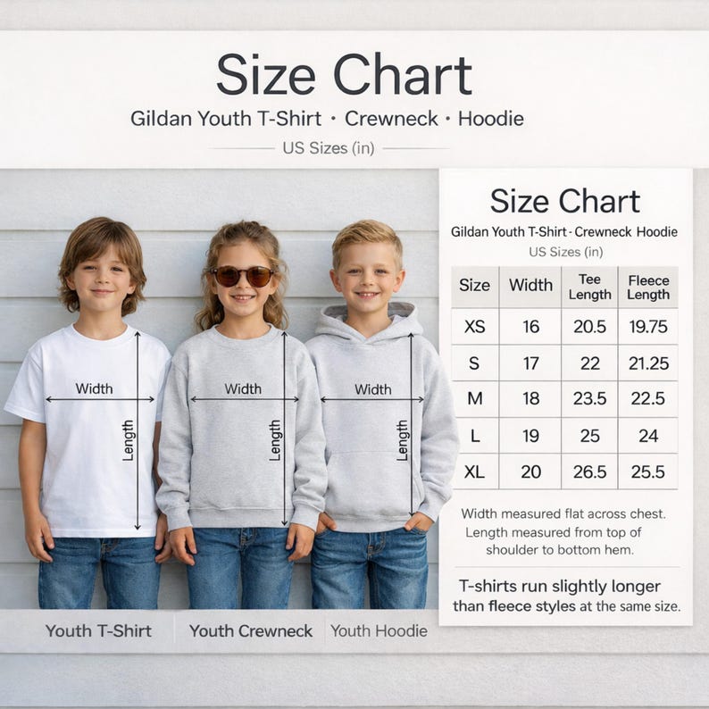 The image is a size chart for a Gildan Youth T-shirt, Crewneck, and Hoodie, showing the US sizes for three children.