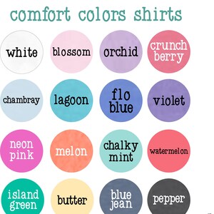 a youth color chart with various comfort colors for shirts, including white, pink, blue, green, and purple.