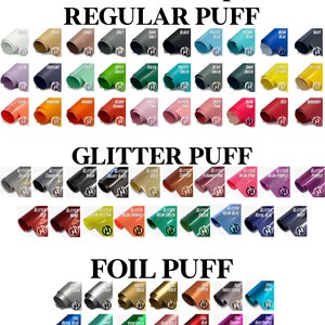 a variety of colorful puffy print options, including regular puff, glitter puff, and foil puff, arranged in a grid format.