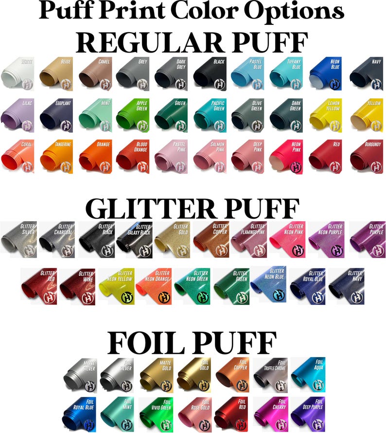 a variety of colorful puffy print options, including regular puff, glitter puff, and foil puff, arranged in a grid format.