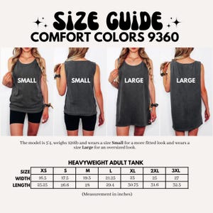 May include: Size guide for a heavyweight adult tank top. The image shows models wearing the tank top in different sizes. Measurements are provided in inches, with the width ranging from 16.5 to 27 inches and the length from 25.25 to 32.5 inches.