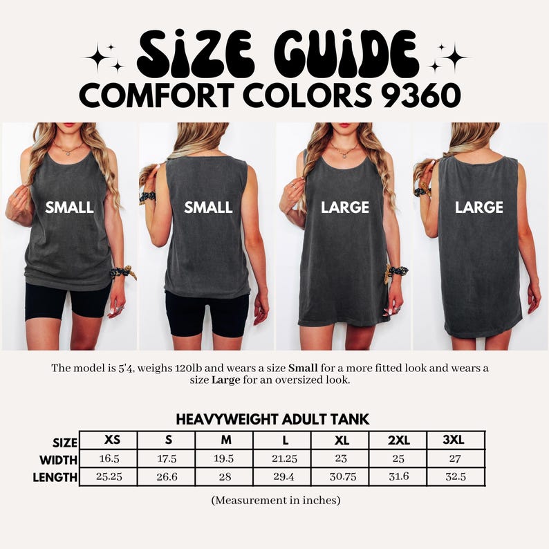 May include: Size guide for a heavyweight adult tank top. The image shows models wearing the tank top in different sizes. Measurements are provided in inches, with the width ranging from 16.5 to 27 inches and the length from 25.25 to 32.5 inches.