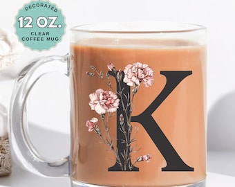 January Birthday Coffee Mug Birth Flower Carnation Custom Initial 12oz Clear Glass Cup Personalized Glass Mug for Birthday Gift for her
