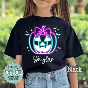 Girls Halloween pumpkin shirt custom name neon jack o lantern tee trick or treat t-shirt kids fall outfit cute school Halloween your name