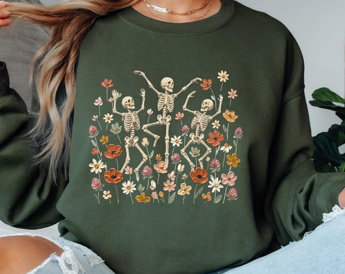 Dancing Skeleton Halloween Sweatshirt, Floral Skeleton Crewneck, Spooky Wildflower Sweatshirt, Vintage Halloween Sweatshirt