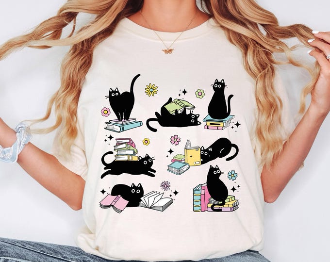 Black Cat Book Lover Shirt, Reading Cat Shirt, Cute Bookworm Tee, Cat Lover Graphic Shirt, Comfort Colors Reader Shirt