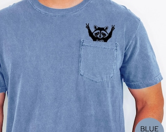Raccoon Pocket T-Shirt, Comfort Colors Cotton Tee, Whimsical Animal Graphic