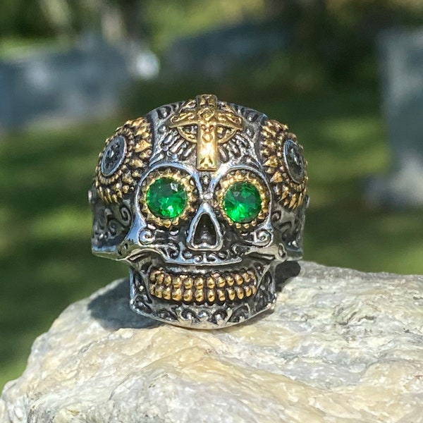 SR16G. Green Gemstone Eye Cross Skull Ring Day of Dead Unique Quality 316L Stainless Steel Ring. Unisex. Gothic Halloween Punk