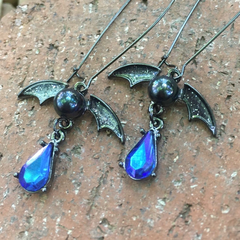RW019 Blue Crystal Rhinestone Pearl Bat Vampire Dragon Earrings Sterling Silver Xtra Long Hoops Steampunk Gothic Halloween Jewelry 3\u201d drop.