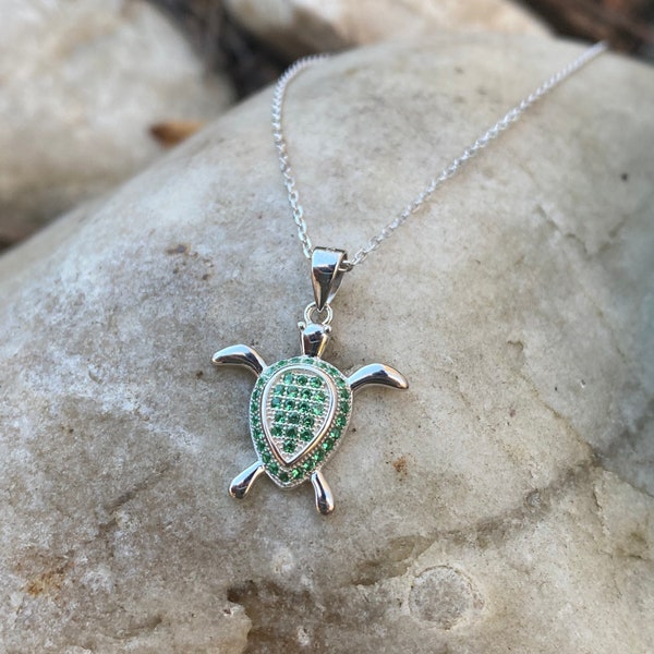 SN01. Sea Turtle Pendant Sterling Silver Necklace Bezeled Swarovski Crystal Emerald 18” Including 2”extender