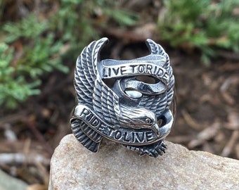 SR92. Eagle American Rider Biker Ring Live to Ride Unique Quality 316L Stainless Steel Ring. Unisex Punk Biker Skull Jewelry.