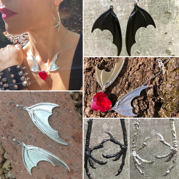 HV05 Claws Bat Vampire Dragon Wing Earrings or Red Heart Wing Necklace,  Sterling Silver or Niobium Hooks, Halloween Goth Jewelry. No Nickel -   Israel