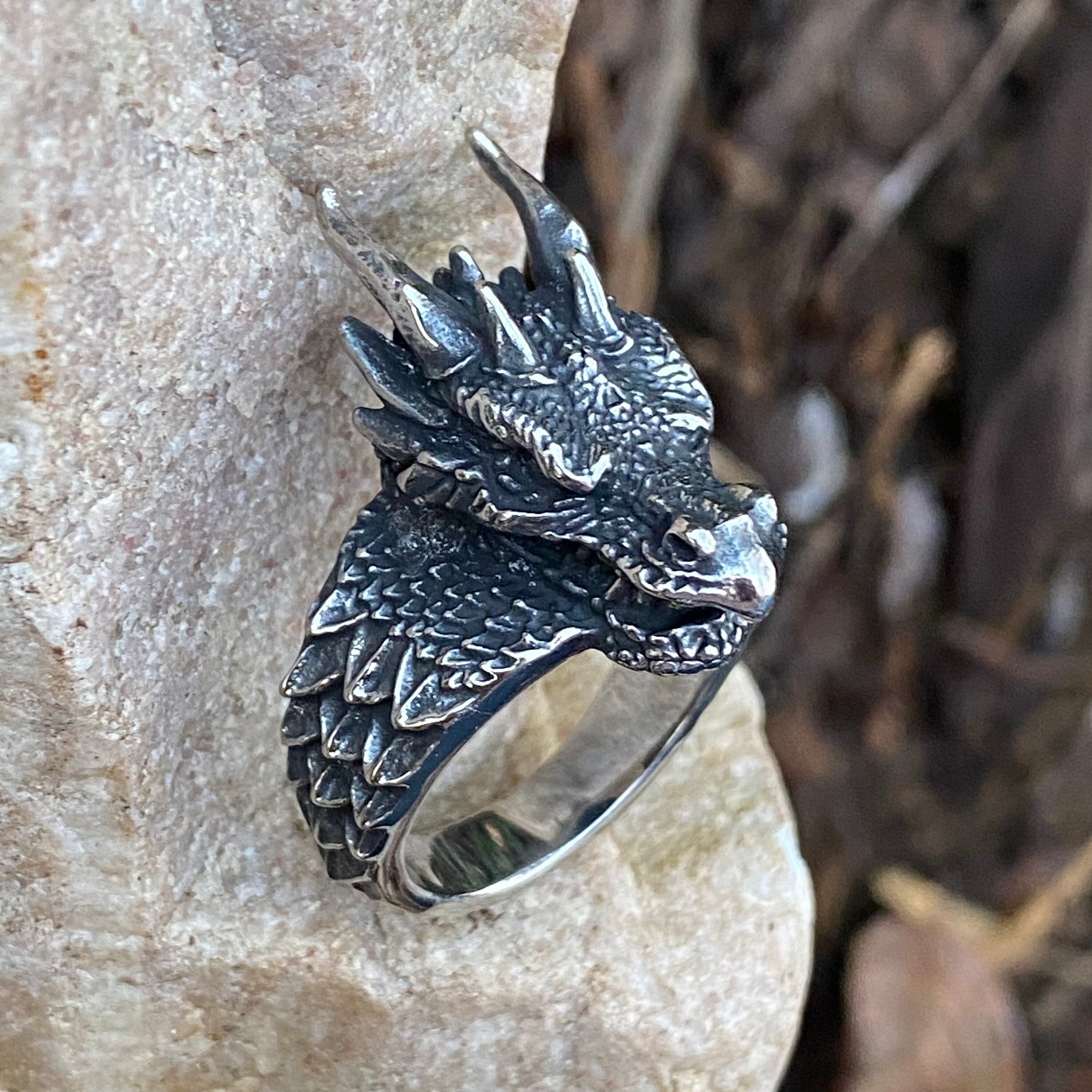 SR87. Horned Dragon Head Adjustable Open Ring Unique Quality 316L