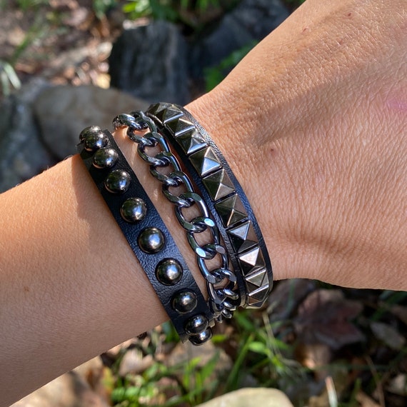 Spiked Punk Leather Bracelets, Triple Row Edgy Accessories