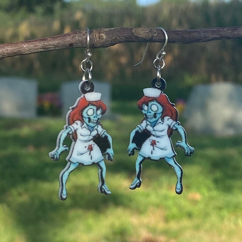 Gothic Halloween 1 12\u201d length Scary Graveyard Nurse Zombie Grim Reaper Tombstone Resin Earrings Sterling Silver Hooks HW10 Lightweight