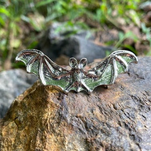 BO1. Vampire Flying Bat Brooch Clip Pin Halloween Gothic Punk Style Clothing Bag Cape Pin. 2 1/4” Wing Span.