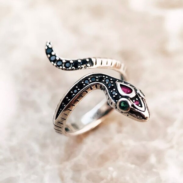 RS12. Dainty Elegant Snake Ring Open Adjustable Garnet Emerald CZ Crystal and Black Spaniel. Sterling Silver Goth Punk Rock Jewelry. Unisex