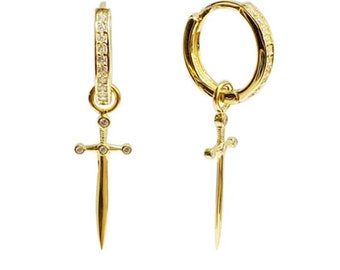 H1. Edgy CZ Hoop Sword Dagger Earrings 925 Sterling Silver Cubic Zirconia Pendant Drop Earrings For Men and Women