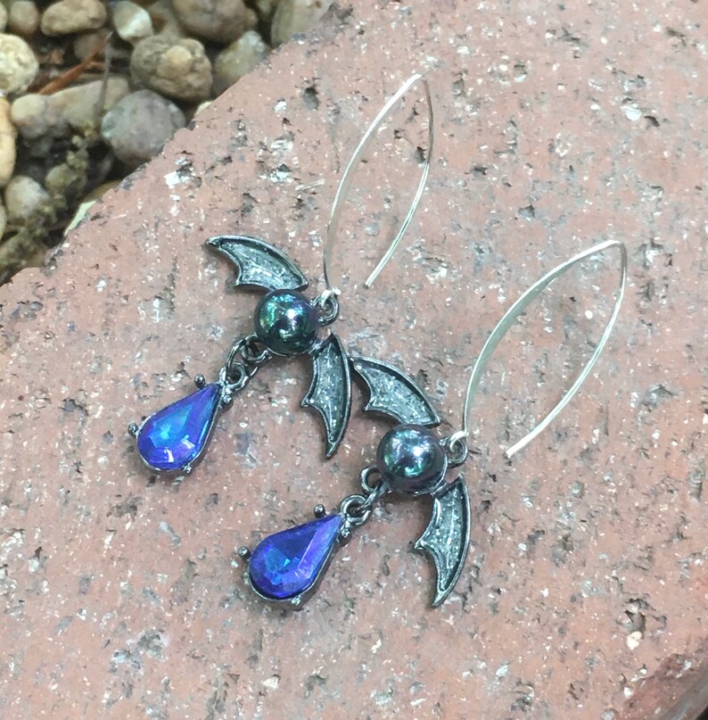 RW019 Blue Crystal Rhinestone Pearl Bat Vampire Dragon Earrings Sterling Silver Xtra Long Hoops Steampunk Gothic Halloween Jewelry 3\u201d drop.