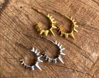 H27. Sun Burst Hoop Earrings, 925 Sterling Silver and Gold 18k Spike Dagger Hoops Unisex