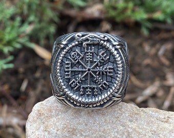 SR96. Viking Vegvisir Compass Ring, Nordic Compass Ring, Viking Axe Ring, Valknut Ring, 316L Stainless Steel Ring. Unisex. Icelandic Jewelry