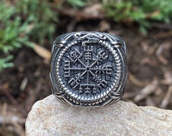 SR96. Wikinger Vegvisir Kompass Ring, Nordischer Kompass Ring, Wikinger Axt Ring, Valknut Ring, 316L Edelstahl Ring. Unisex. Isländischer Schmuck