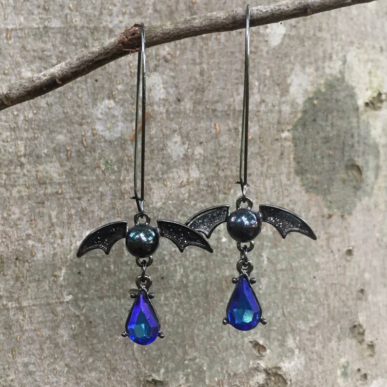 RW019 Blue Crystal Rhinestone Pearl Bat Vampire Dragon Earrings Sterling Silver Xtra Long Hoops Steampunk Gothic Halloween Jewelry 3\u201d drop.
