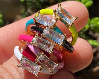 R08. Neon Enamel Rectangular Cubic Zirconia Colorful Open Ajustable Ring. Spring Jewelry. Hot Summer jewelry
