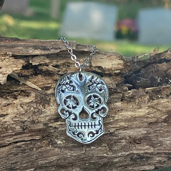 HN11. Day of the Dead Skull Stainless Steel Pendant Necklace Gothic Halloween Punk Jewelry 17.5” long 2”inch extender.