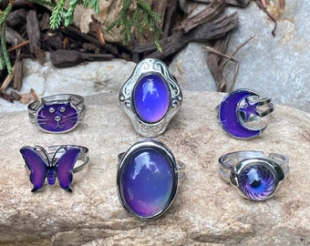 SR003. Stainless Steel Mystical Mood Ring Styles Eye Ball Kitty Cat Butterfly Moon and Star Frame and Oval. Adjustable. Sz 6to11