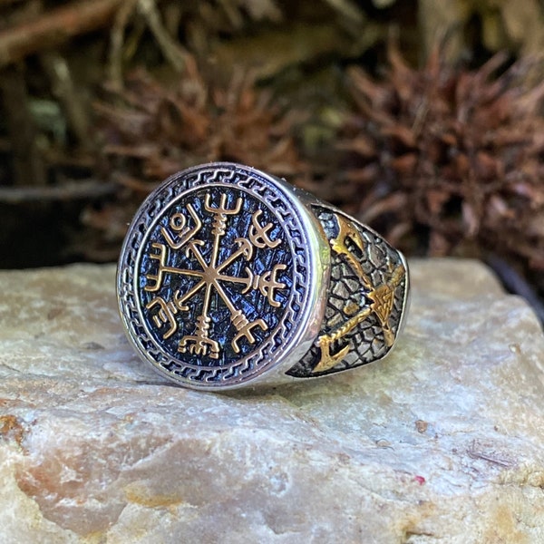 SR69. Viking Vegvisir Compass Ring, Nordic Compass Ring, Viking Axe Ring, Valknut Ring, 316L Stainless Steel Ring. Unisex. Icelandic Jewelry