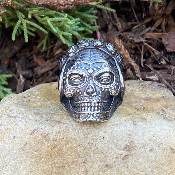 SR26. Day of the Dead Flower Skull Ring. Unique High Quality 316L Stainless Steel Ring. Unisex. Dia De Los Muertos