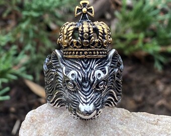 SR100. Crown King of the Jungle Lion Ring Unique High Quality 316L Stainless Steel Ring. Unisex Animal Jewelry