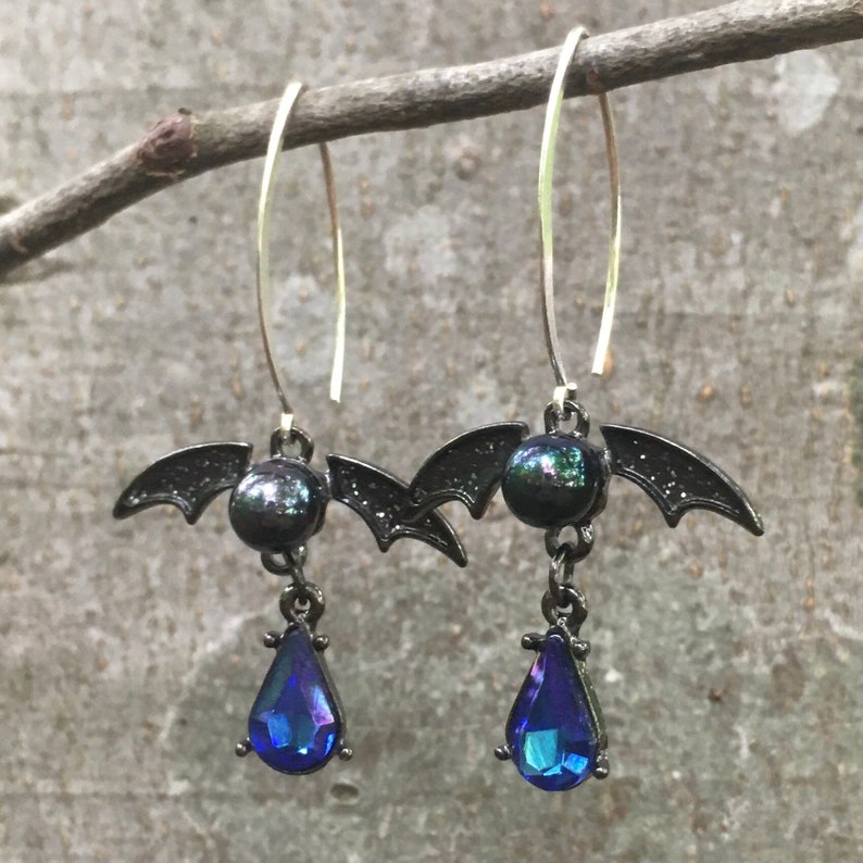 RW019 Blue Crystal Rhinestone Pearl Bat Vampire Dragon Earrings Sterling Silver Xtra Long Hoops Steampunk Gothic Halloween Jewelry 3\u201d drop.