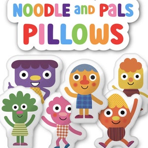 May include: A set of five colorful plush pillows featuring characters from the "Noodle and Pals" children's book series. The pillows are shaped like the characters and have embroidered details. The characters include a purple monster, a green monster, a pink monster, an orange monster, and a yellow monster.