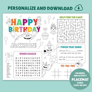 Super Simple song personalized  Printable Birthday Coloring Page |  Birthday Party Activity placemat | Kids Games Tablemat