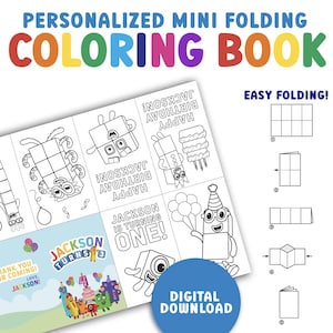May include: A personalized mini folding coloring book with the text "PERSONALIZED MINI FOLDING COLORING BOOK" in rainbow colors. The coloring book features black and white illustrations of cartoon characters and the text "JACKSON TURNS ONE!" and "HAPPY BIRTHDAY JACKSON!" A digital download.