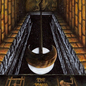 May include: A painting depicting a skeletal figure hanging from a large pendulum in a stone dungeon. The pendulum is swinging over a dark abyss. The text "The Pit and the Pendulum" is written in gold lettering at the bottom of the image.
