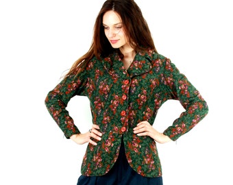 Vintage Corduroy Floral Jacket / Women Corduroy Jacket / Corduroy Blazer / Romantic Jacket / Cotton Jacket / Green / Cute Jacket / Size L