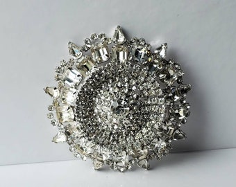 Vintage Mid Century Large 3" Rhinestone Pin Brooch Circular Design, 3 Dimensional, Elegant, Fancy on Silvertone Metal