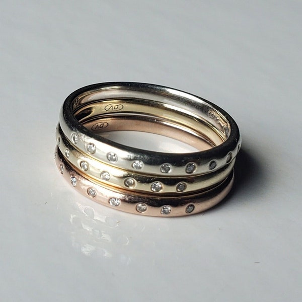 3 Stackable Ring Bands of 9K Gold Tricolor (1 Each of Yellow, Rose & White Gold) with Pavé Set Diamonds, Sizes 7-3/4